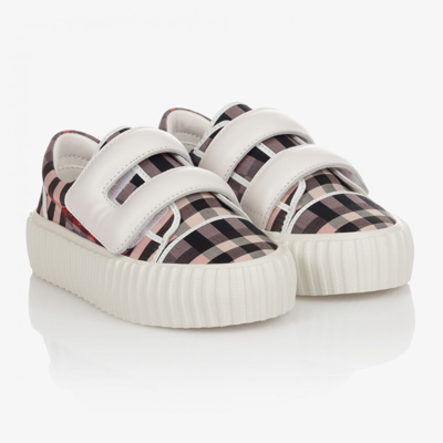 Shop Burberry Girls Pink Checked Canvas Trainers