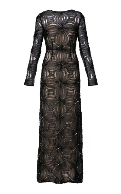 Shop Erdem Amiah Embroidered Tulle Gown In Black