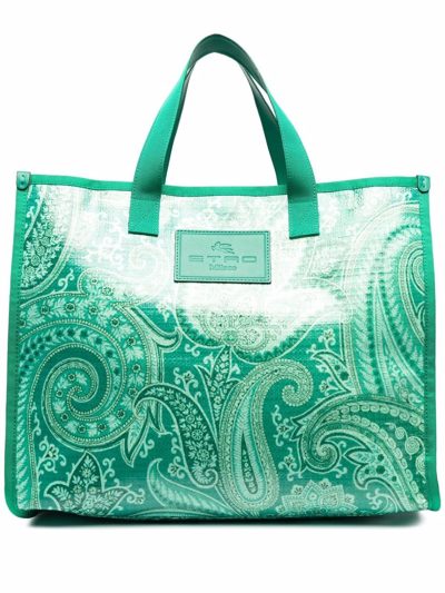 Shop Etro Tote Bag With Paisley Print Logo In Green