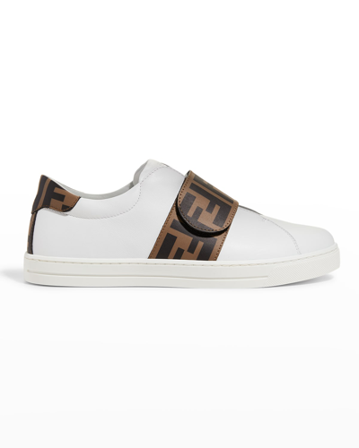 Shop Fendi Boy's  Grip-strap Sneakers In F0c1a White