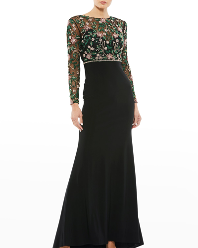 Shop Mac Duggal Floral-beaded Long-sleeve Illusion Gown In Black Multi