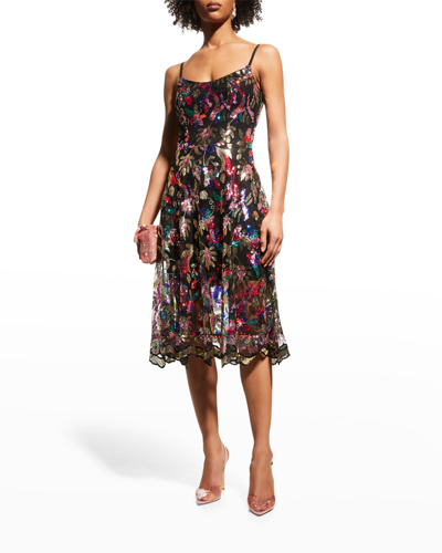 Shop Dress The Population Floral Print Sequin Fit-and-flare Midi Dress In Gold Multi