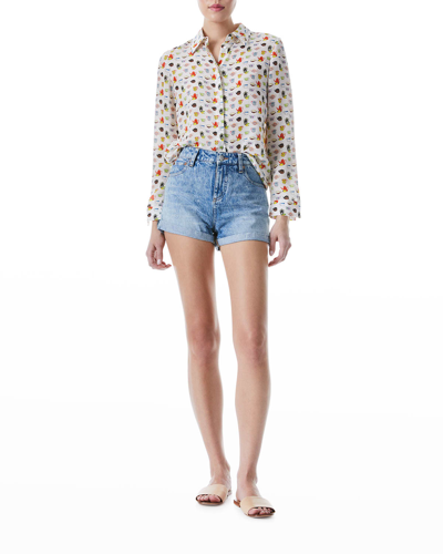 Shop Alice And Olivia Willa Silk Printed Signature Button-front Top In Tea Party