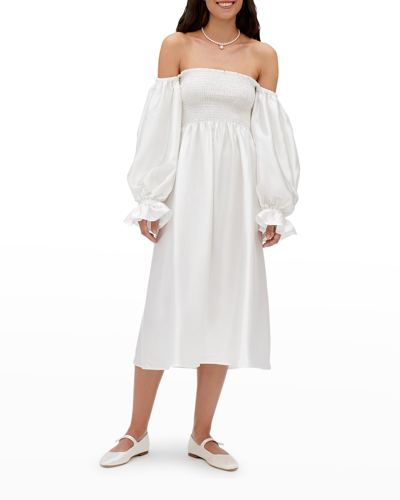 Shop Sleeper Atlanta Off-shoulder Smocked Silk Dress In White