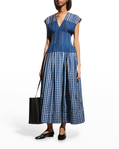 Tory Burch Claire Mccardell Pleated Checked Silk Midi Dress In Blue And  White | ModeSens