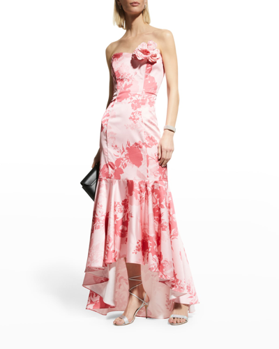 Shop Marchesa Notte Strapless Floral-print Mermaid Dress In Blush