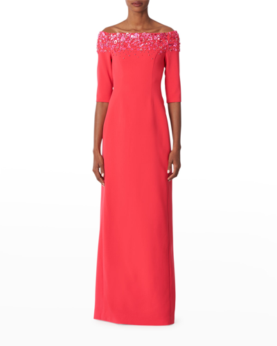 Shop Carolina Herrera Floral Embellished Off-the-shoulder Column Gown In Raspberry