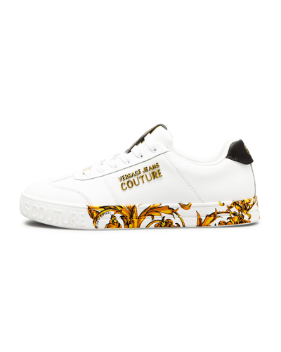 Shop Versace Jeans Couture Men's Scarpa Baroque-sole Leather Low-top Sneakers In Bianco Ottico