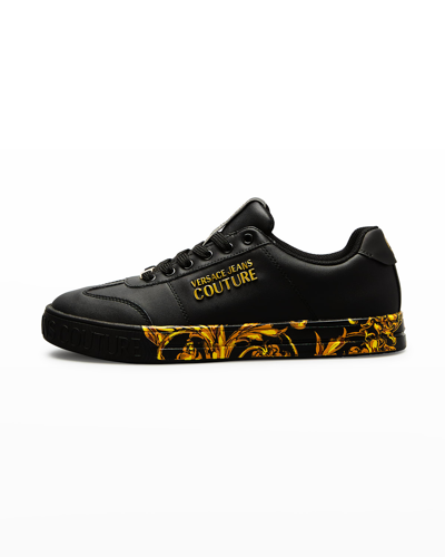 Shop Versace Jeans Couture Men's Scarpa Baroque-sole Leather Low-top Sneakers In Nero
