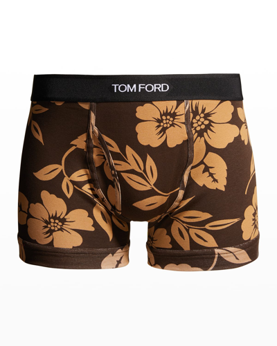 Shop Tom Ford Men's Floral-print Cotton-stretch Jersey Logo Boxer Brief In Caramel