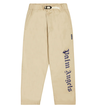 Shop Palm Angels Logo Cotton Drill Pants In Beige Navy Blue