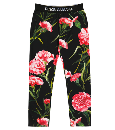 Shop Dolce & Gabbana Printed Cotton-blend Leggings In Garofani Fdo.nero