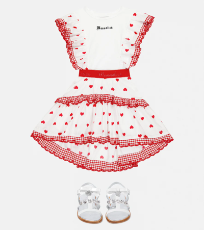 Monnalisa Ruffled Printed Cotton Poplin Skirt In Panna+rosso