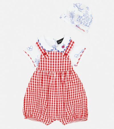 Monnalisa Baby Cotton Overalls, Bodysuit And Hat Set In Red