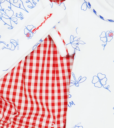 Monnalisa Baby Cotton Overalls, Bodysuit And Hat Set In Red