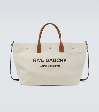 Shop Saint Laurent Rive Gauche Canvas Tote Bag In Greg/c.bl/bri/c.bl