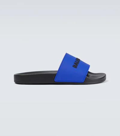 Shop Balenciaga Pool Logo Rubber Slides In Blue/black/black
