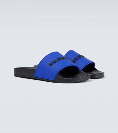 Shop Balenciaga Pool Logo Rubber Slides In Blue/black/black