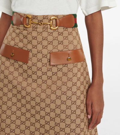 Shop Gucci Horsebit Gg Canvas Midi Skirt In Camel/mix