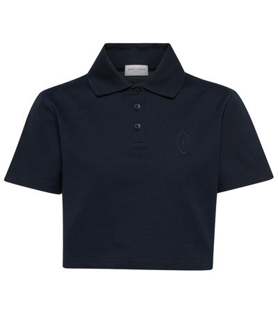 Shop Saint Laurent Cotton Piqué Cropped Polo Shirt In Marine