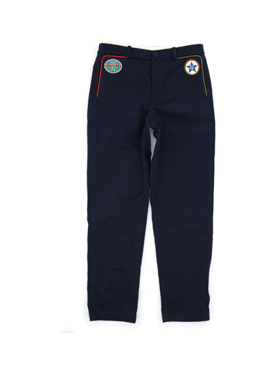 Shop Gucci Kids Logo Patch Straight Leg Trousers In Navy