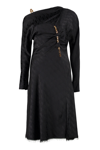 Shop Versace Chain Detail Draped Long Sleeved Midi Dress In Black