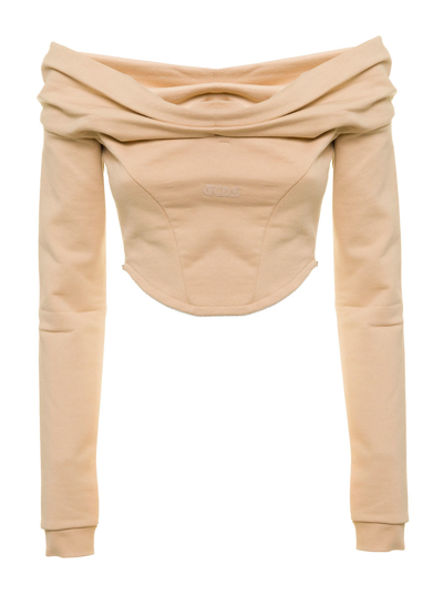 Shop Gcds Womans Beige Cotton Top With Drop Shoulders And Logo