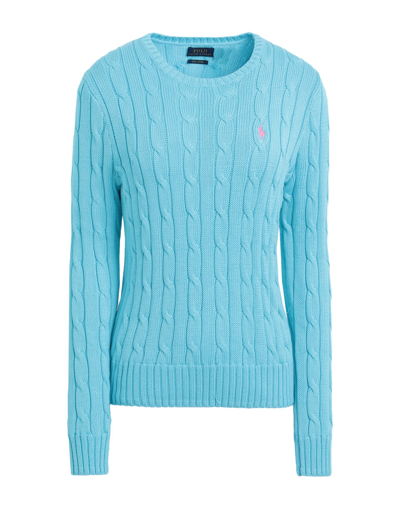 Shop Polo Ralph Lauren Cable-knit Cotton Sweater Woman Sweater Turquoise Size Xl Cotton In Blue