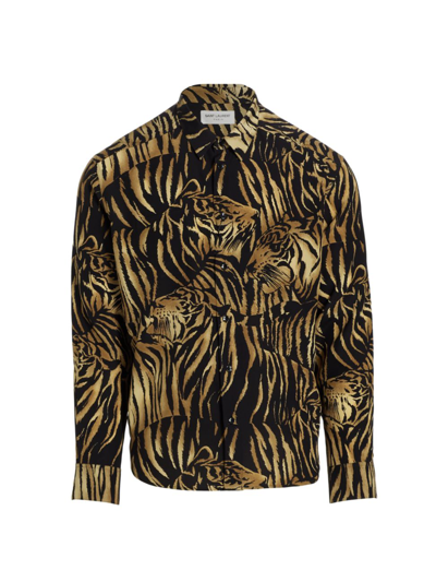 Shop Saint Laurent Tiger Silk Button-up Shirt In Fauve