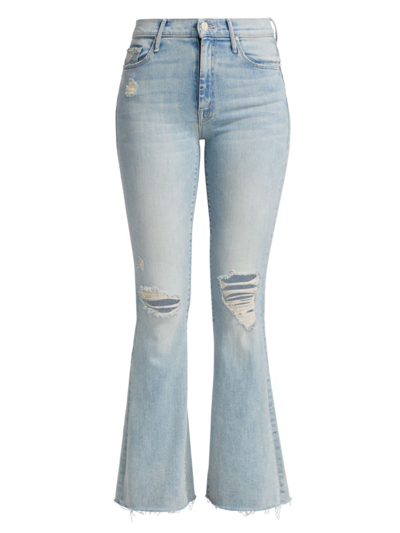 Shop Mother Women's The Weekender Fray Mid-rise Distressed Stretch Flare Jeans In Action Shot