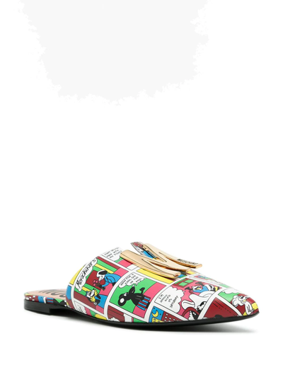 Moschino Comics-print Flat Slippers In Weiss
