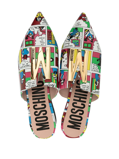 Moschino Comics-print Flat Slippers In Weiss