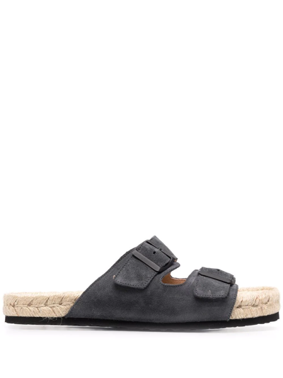 Shop Manebi Buckled Suede Slides In Grau