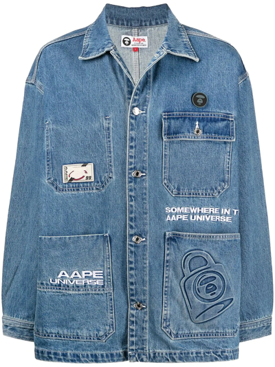 Shop Aape By A Bathing Ape Embroidered-logo Denim Jacket In Blau