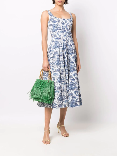 Shop Staud Botanical-print Square-neck Dress In Weiss
