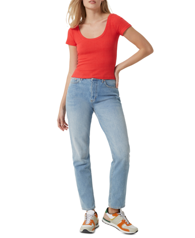 Shop French Connection Ribbed Scoop-neck T-shirt In Hibiscus