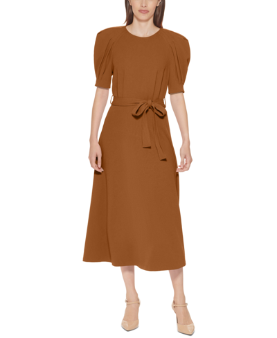 Calvin Klein Puff-sleeve Belted Midi Dress In Almond | ModeSens
