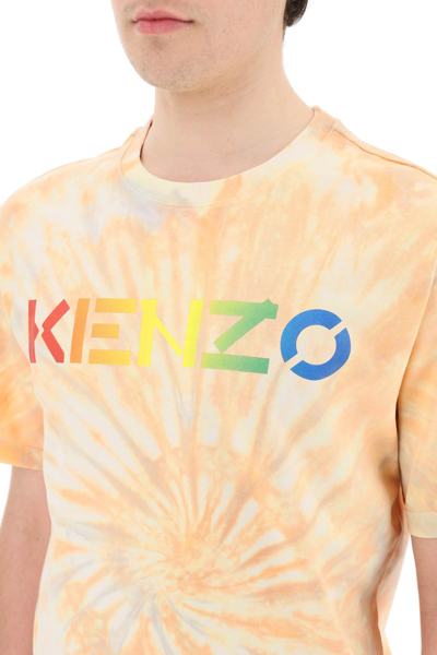 Shop Kenzo Tie-dye T-shirt With Rainbow Logo In Orange,beige,grey