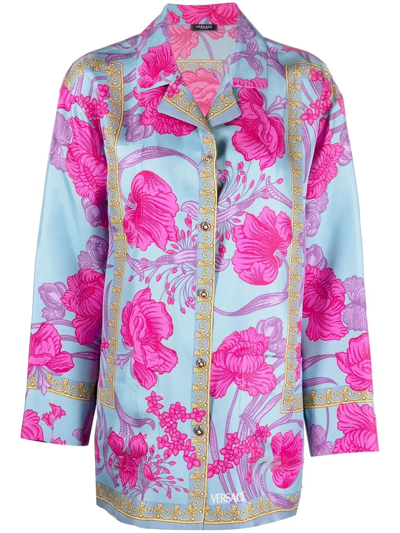 Shop Versace Floral-print Silk Shirt In Blau