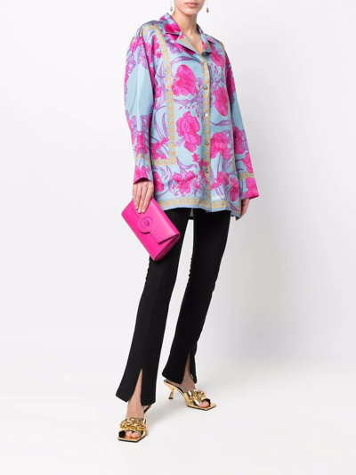 Shop Versace Floral-print Silk Shirt In Blau