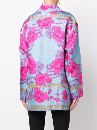 Shop Versace Floral-print Silk Shirt In Blau