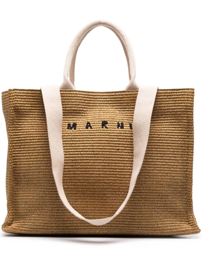 Shop Marni Logo-lettering Raffia Tote Bag In Nude