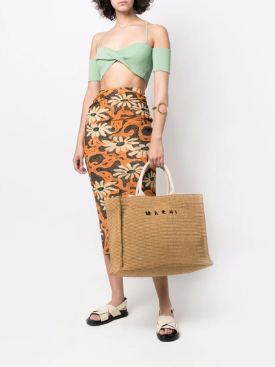 Shop Marni Logo-lettering Raffia Tote Bag In Nude