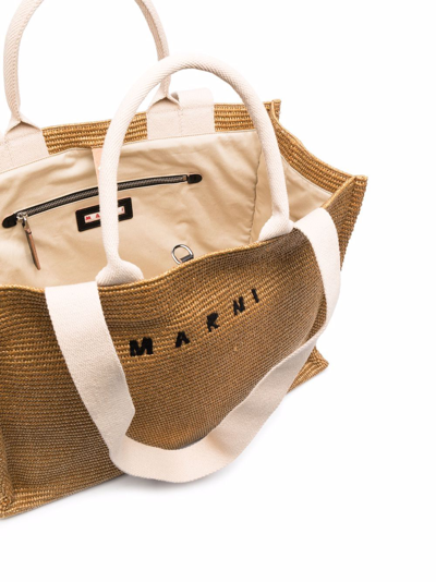Shop Marni Logo-lettering Raffia Tote Bag In Nude