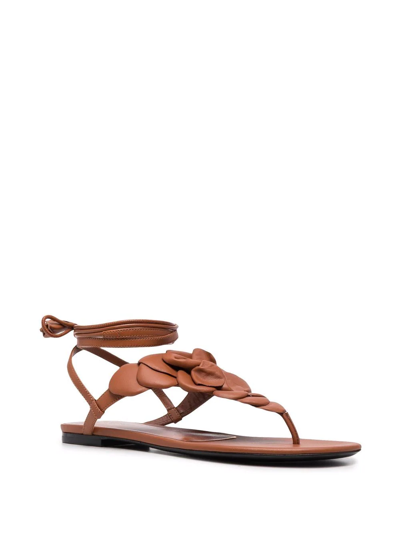 Valentino Floral Appliqué Leather Sandals In Braun