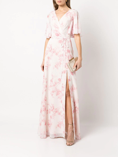 Shop Marchesa Notte Bridesmaids Floral-print Wrap Gown In Rosa