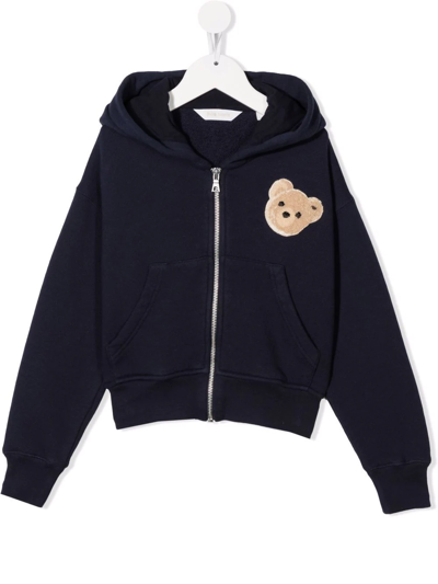 Shop Palm Angels Flocked-bear Zip-up Hoodie In Blue