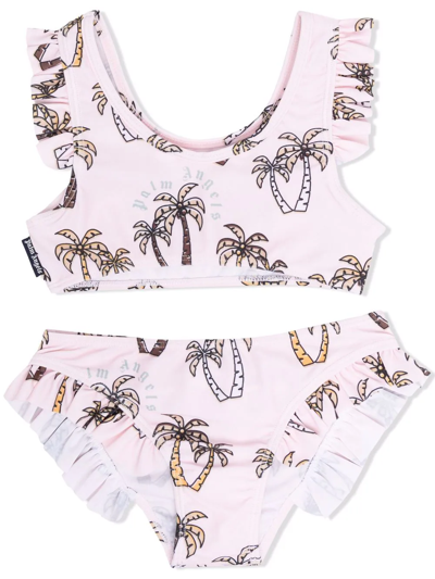 Palm Angels Palm-tree Print Ruffled Bikini Set In Pink