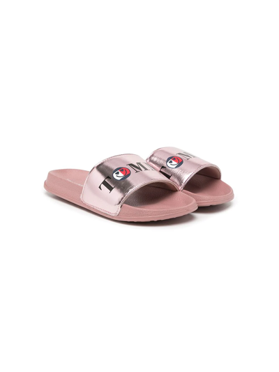 Shop Tommy Hilfiger Junior Smile-print Metallic Pool Sliders In Pink