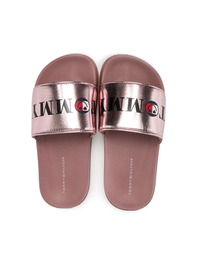 Shop Tommy Hilfiger Junior Smile-print Metallic Pool Sliders In Pink